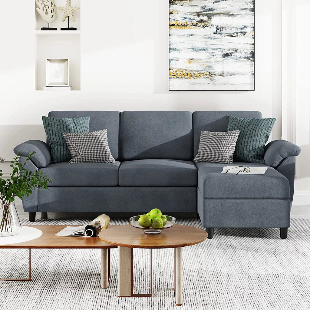 79 Convertible Sectional Sofa Linen Fabric L Shaped Sofa with Removable Pillows Dark Gray W81343