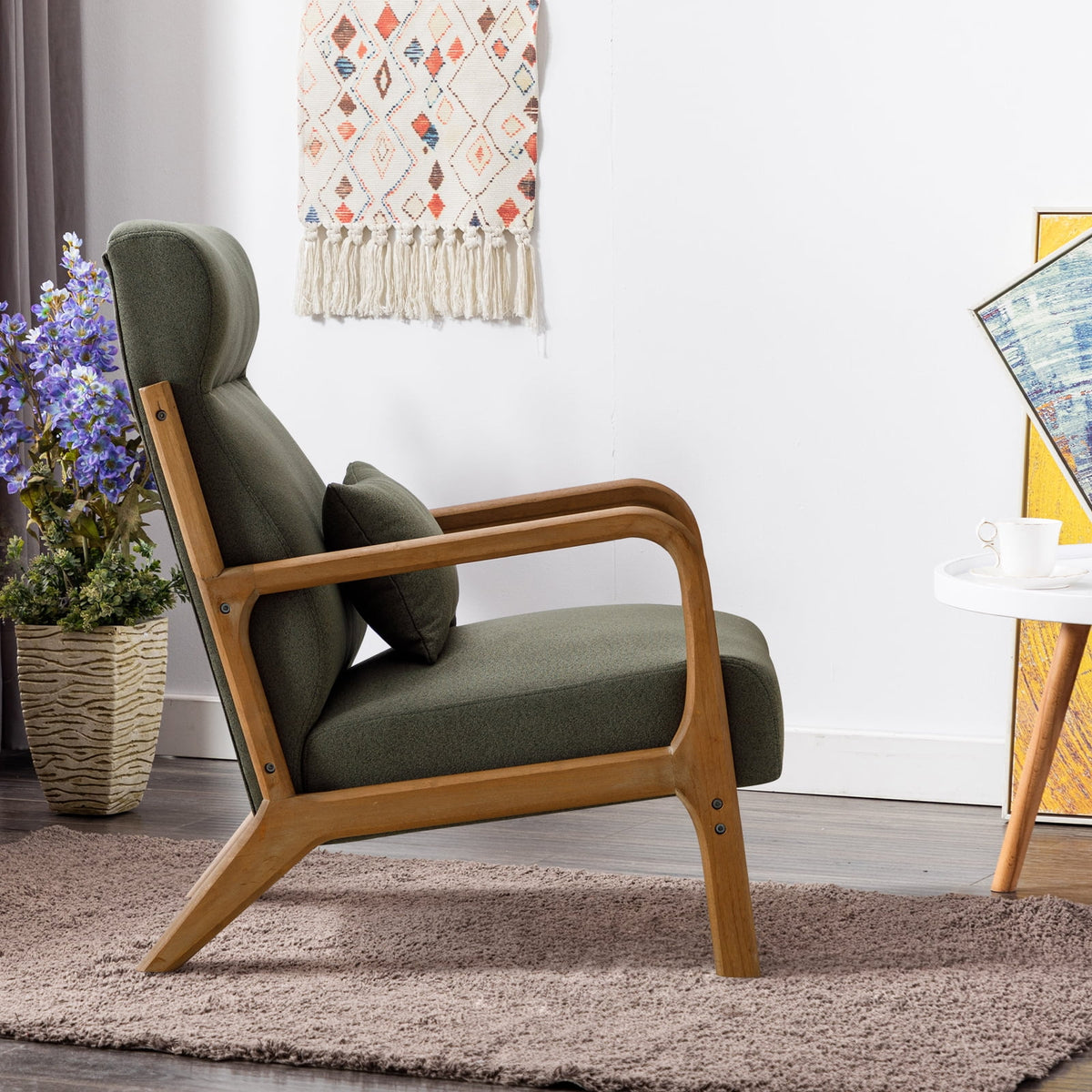 Mid-Century Modern Green Upholstered Accent Chair with Pillow Y916