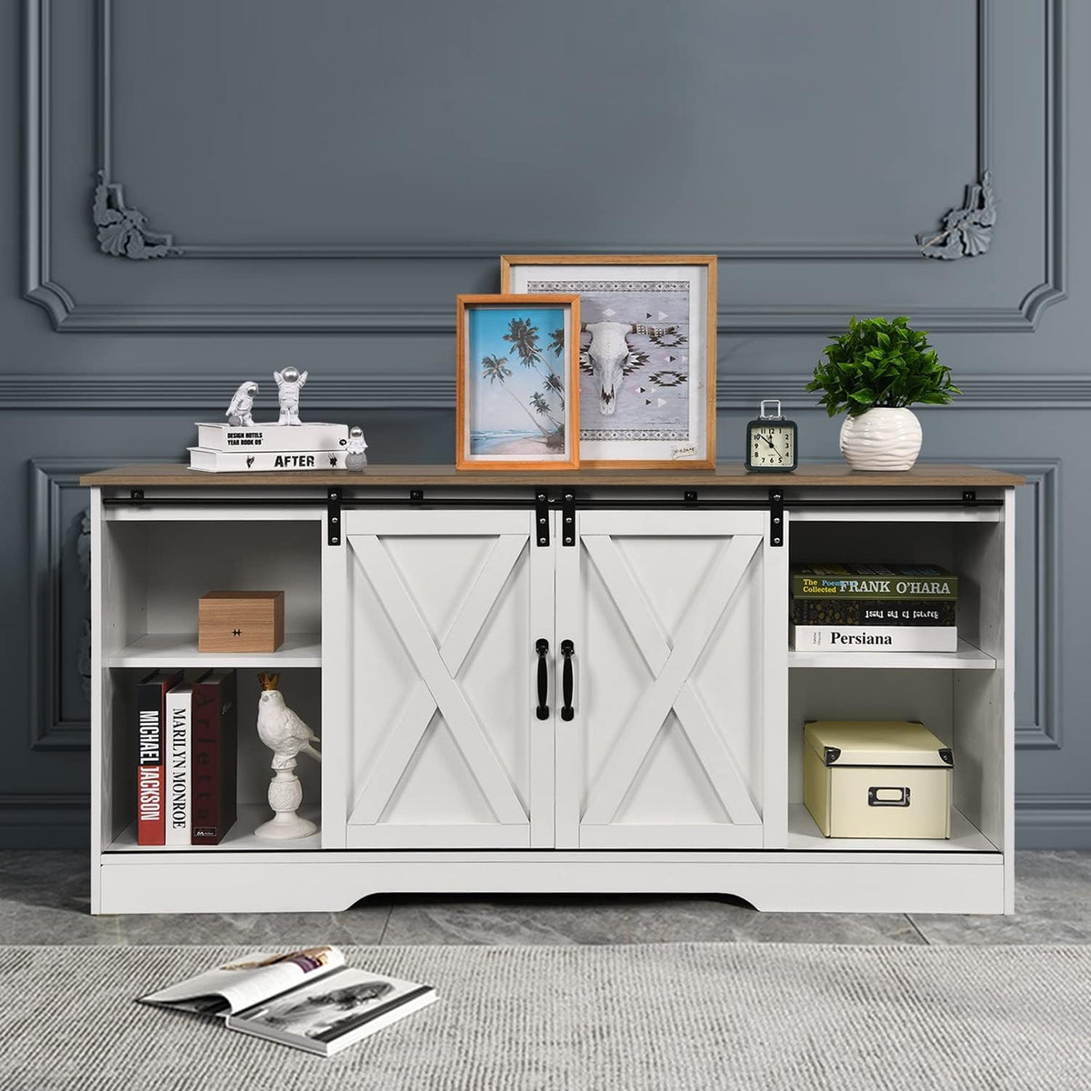 White Wood TV Stand with Sliding Barn Doors and Adjustable Shelves O4231