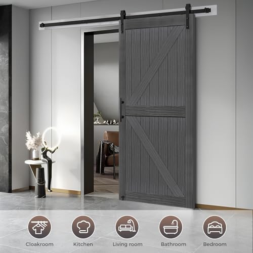 20 in x 84 in Elephant Gray Solid Wood Barn Door with Sliding Door Hardware Kit J2855
