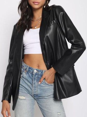 Recycled Vegan Leather One Button Blazer Jacket U44738