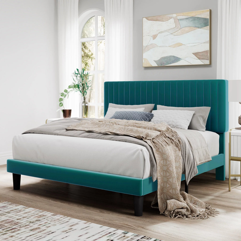 Pink Queen Size Upholstered Platform Bed Frame with Velvet Headboard R8731