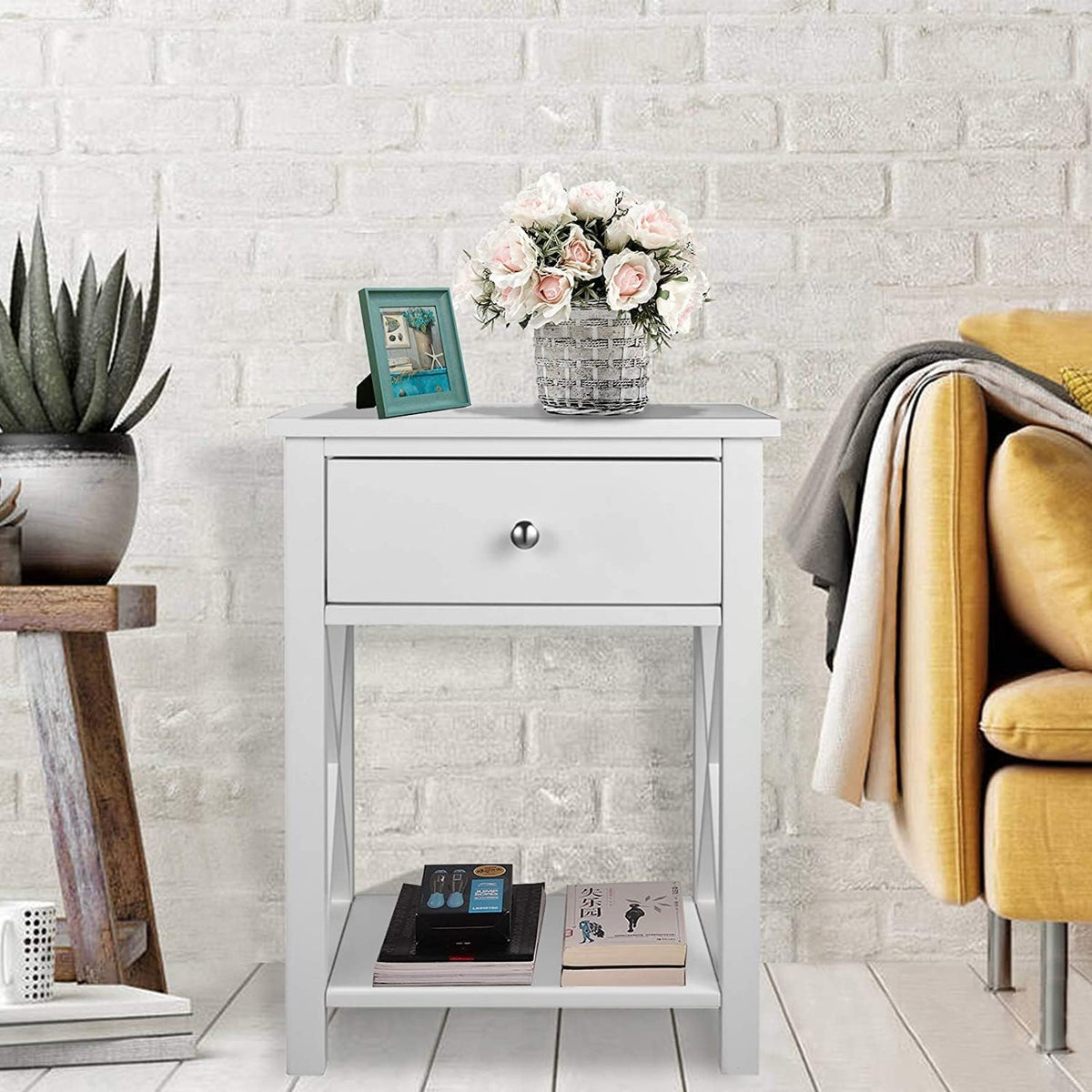 2 Pcs White Wooden Side End Table Night Stand with Bin Drawer P690