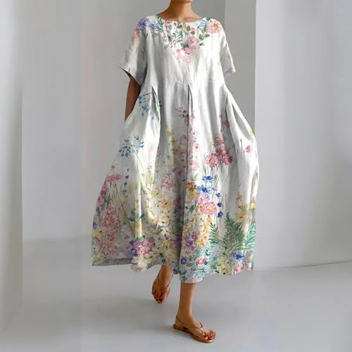 Womens Boho Floral Maxi Dresses Summer Casual Loose Oversized Long Dress Pockets J7266