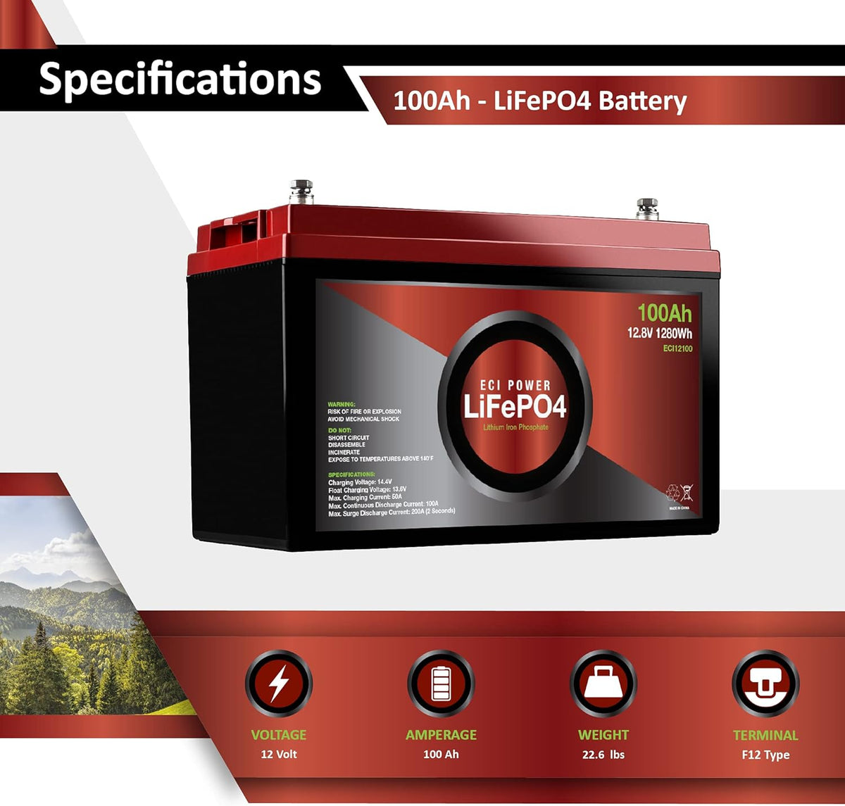 12V 100Ah Lithium LiFePO4 Deep Cycle Rechargeable Battery 2 Pack E77832
