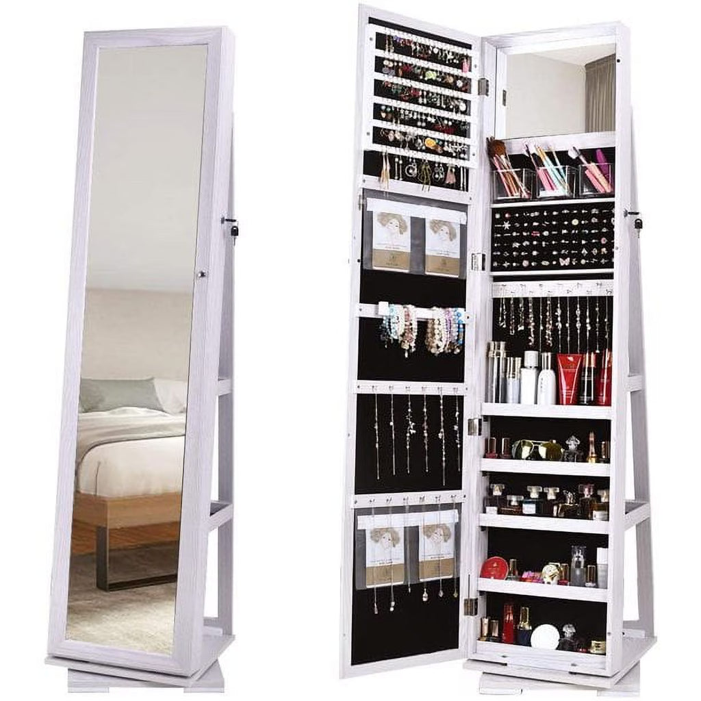 White Rotatable Jewelry Armoire with Full-length Mirror P355