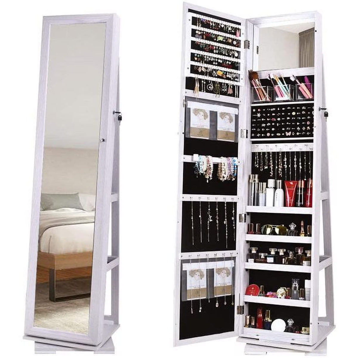 White Rotatable Jewelry Armoire with Full-length Mirror P355