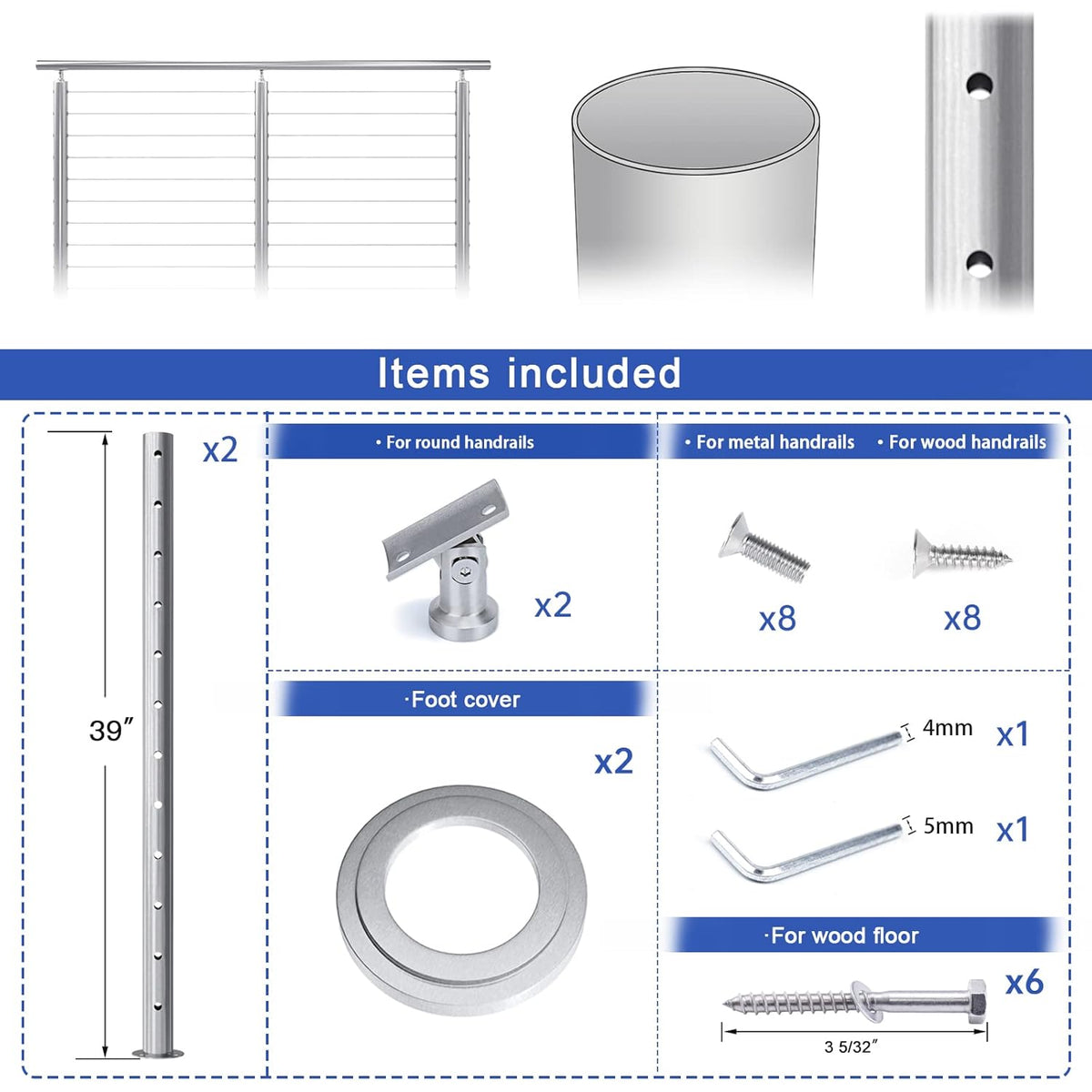 2Pack Stainless Steel Cable Railing Post Round 42x2.36 Pre-drilled Surface Mount A493