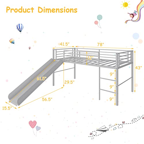 White Twin Metal Loft Bed with Slide and Guardrails O272