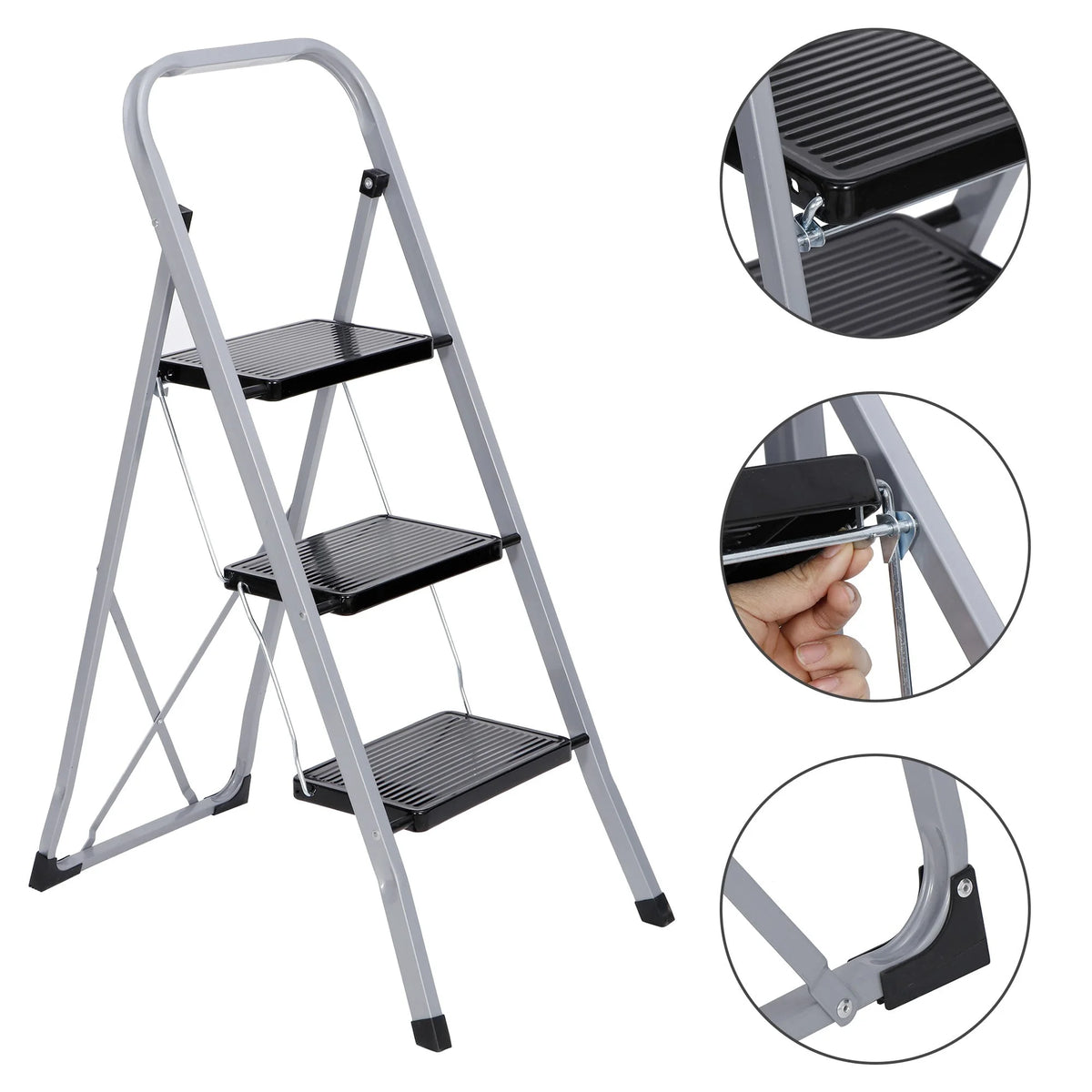 3 Step Folding Step Stool 330lbs Capacity Silver T784