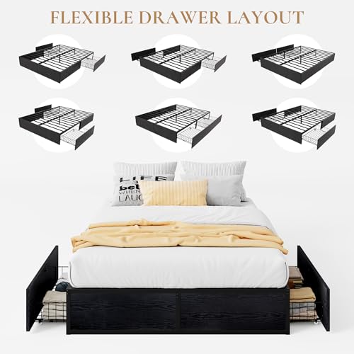 Black Queen Platform Bed Frame with 2 Storage Drawers E293