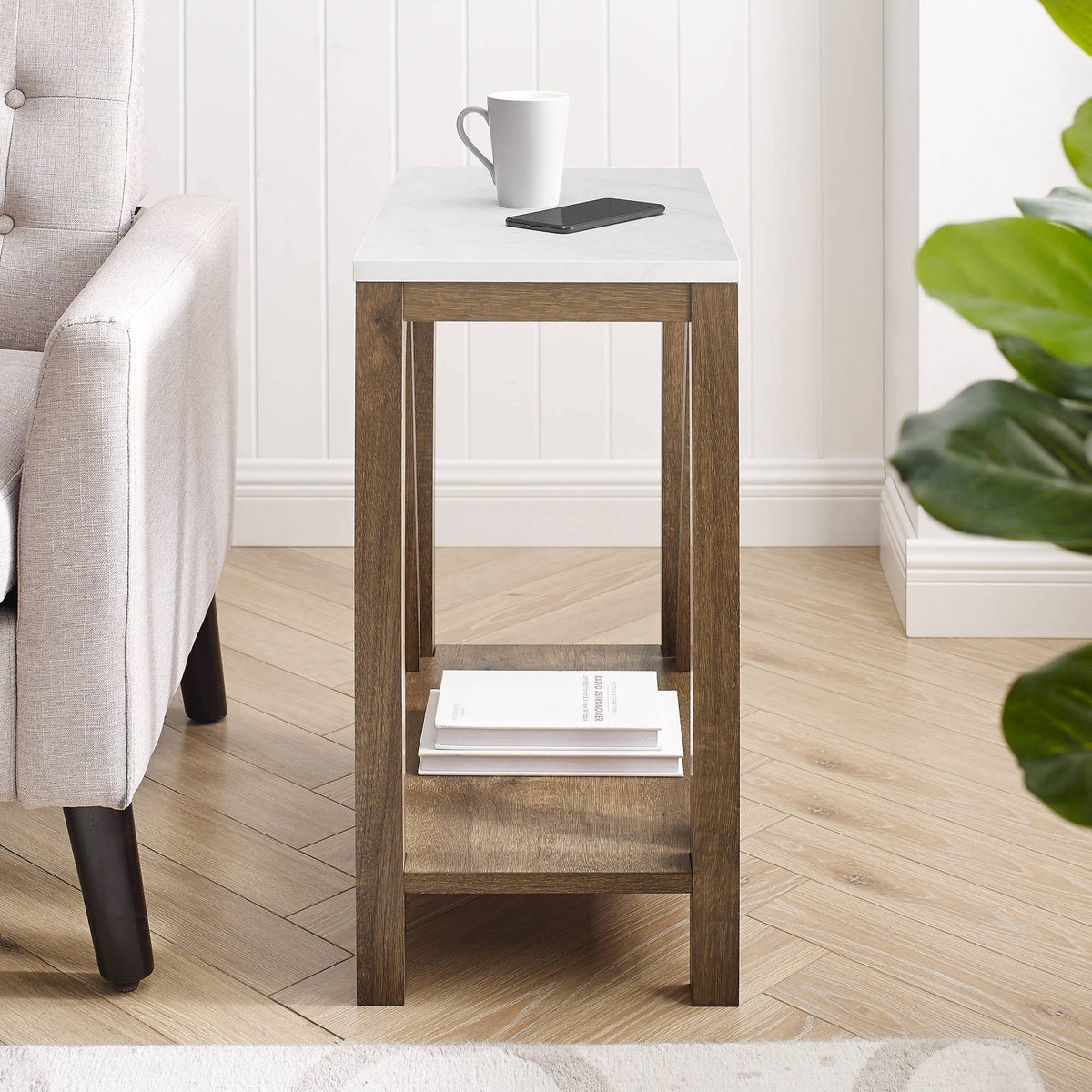 White Faux Marble/Natural Walnut Open Storage Side Table T6809