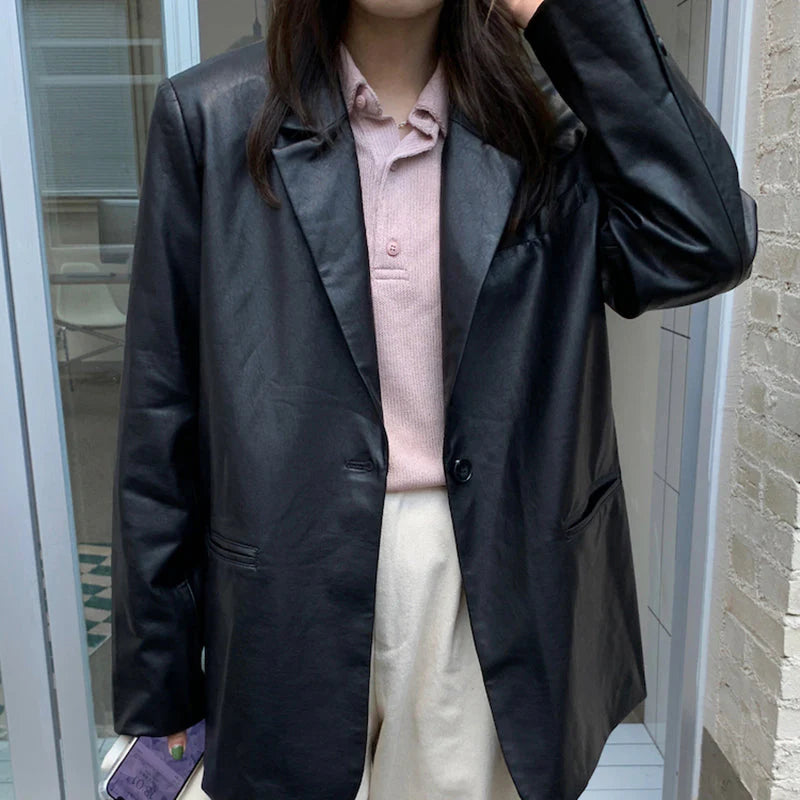 Recycled Vegan Leather One Button Blazer Jacket U44738