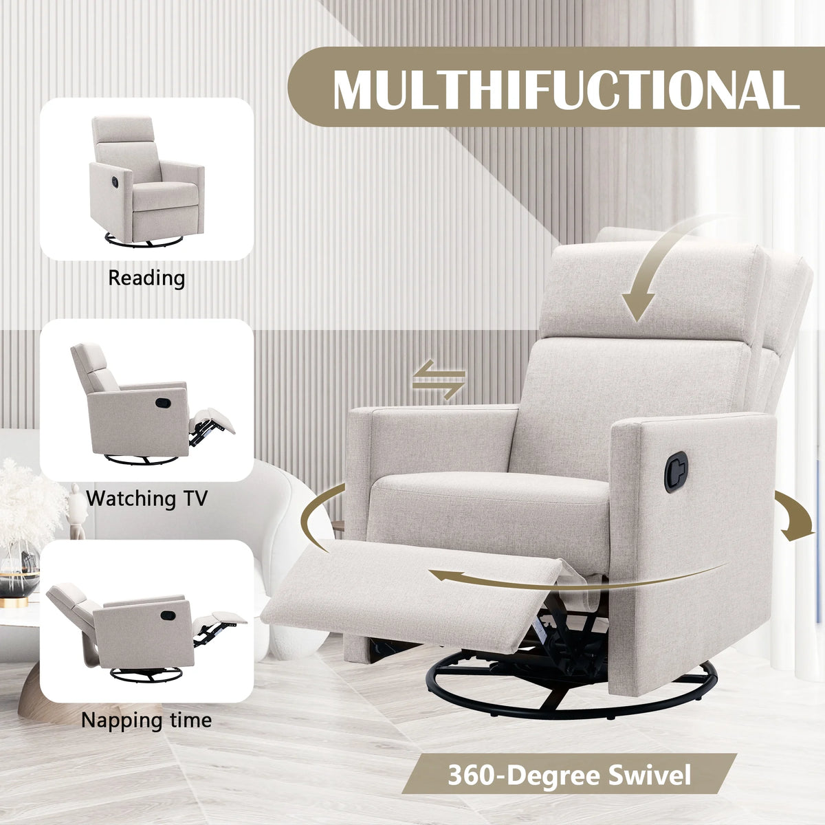 Tan Upholstered Fabric Swivel Rocker Recliner Chair K231455