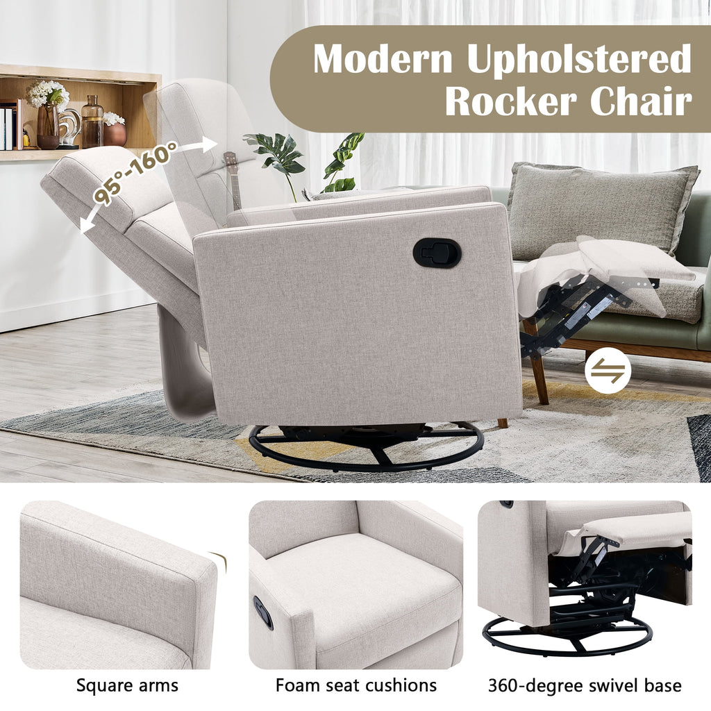 Tan Upholstered Fabric Swivel Rocker Recliner Chair K231455