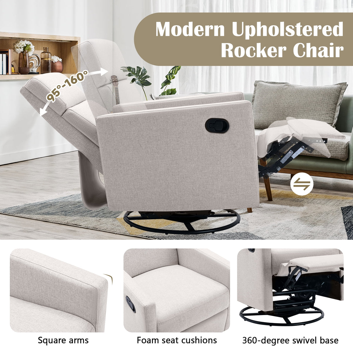 Tan Upholstered Fabric Swivel Rocker Recliner Chair K231455