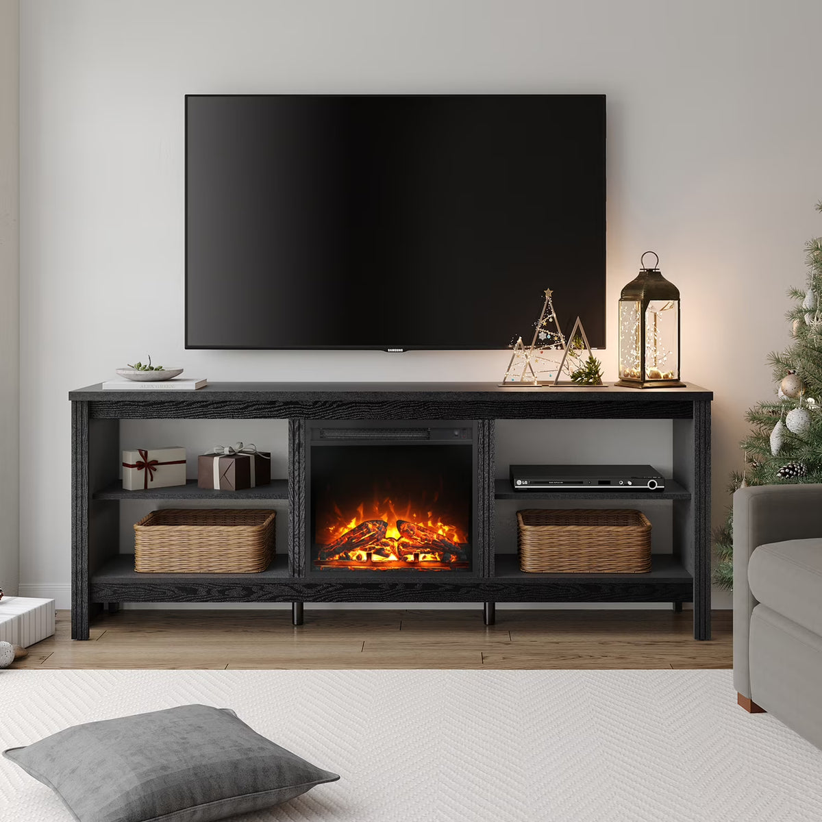 Black 70 inch Wood Fireplace TV Stand with 4 Storages H647