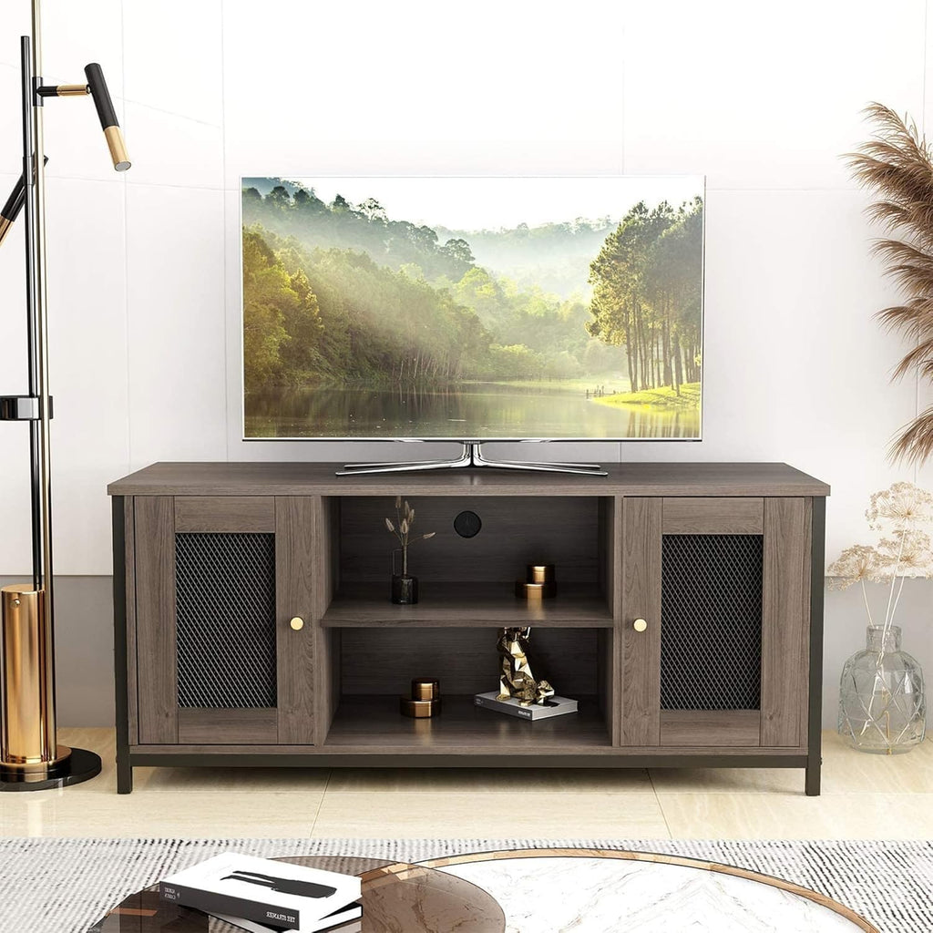 Entertainment Center Stand with Storage, Sturdy Metal Frame, Brown Walnut T9342
