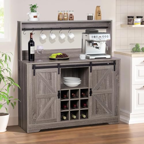 Grey Coffee Bar Cabinet with Sliding Barn Door and Adjustable Shelves Z9926