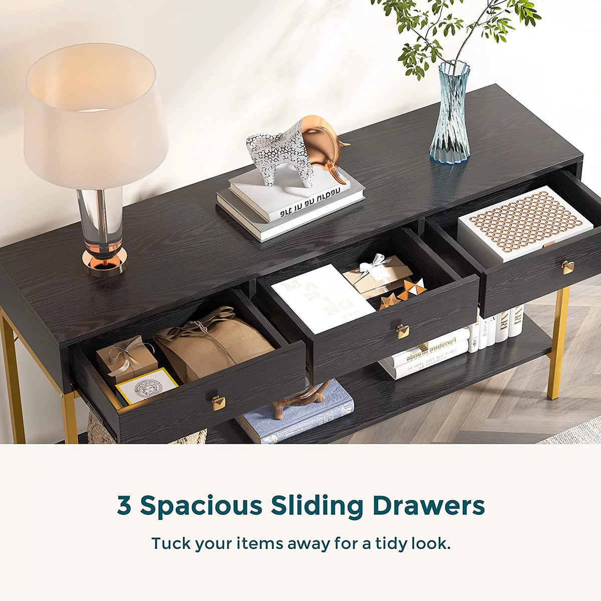 Black Gold Console Table with Drawers and Storage Shelves K614244