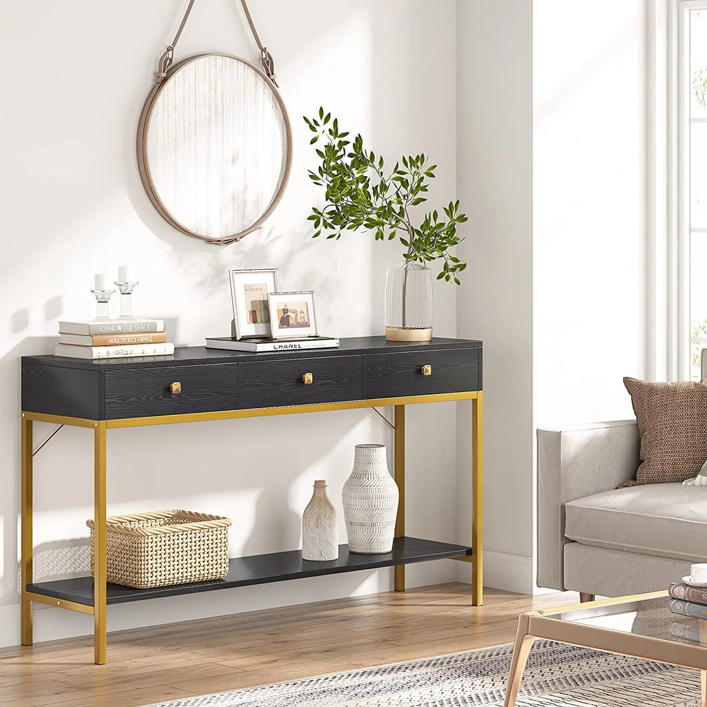 Black Gold Console Table with Drawers and Storage Shelves K614244