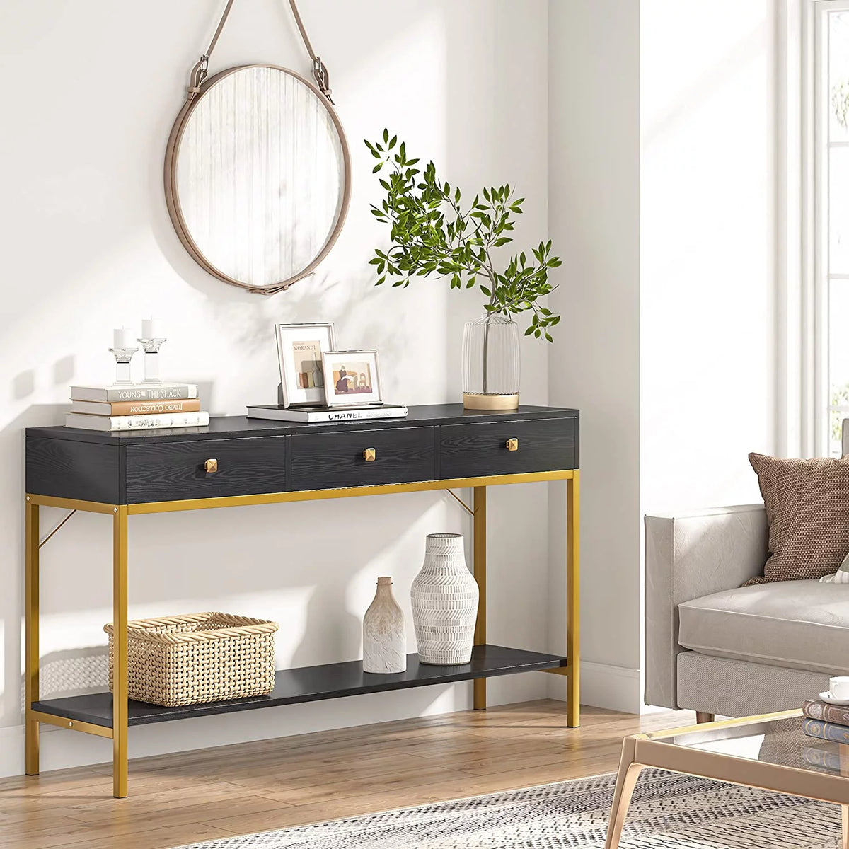 Black Gold Console Table with Drawers and Storage Shelves K614244