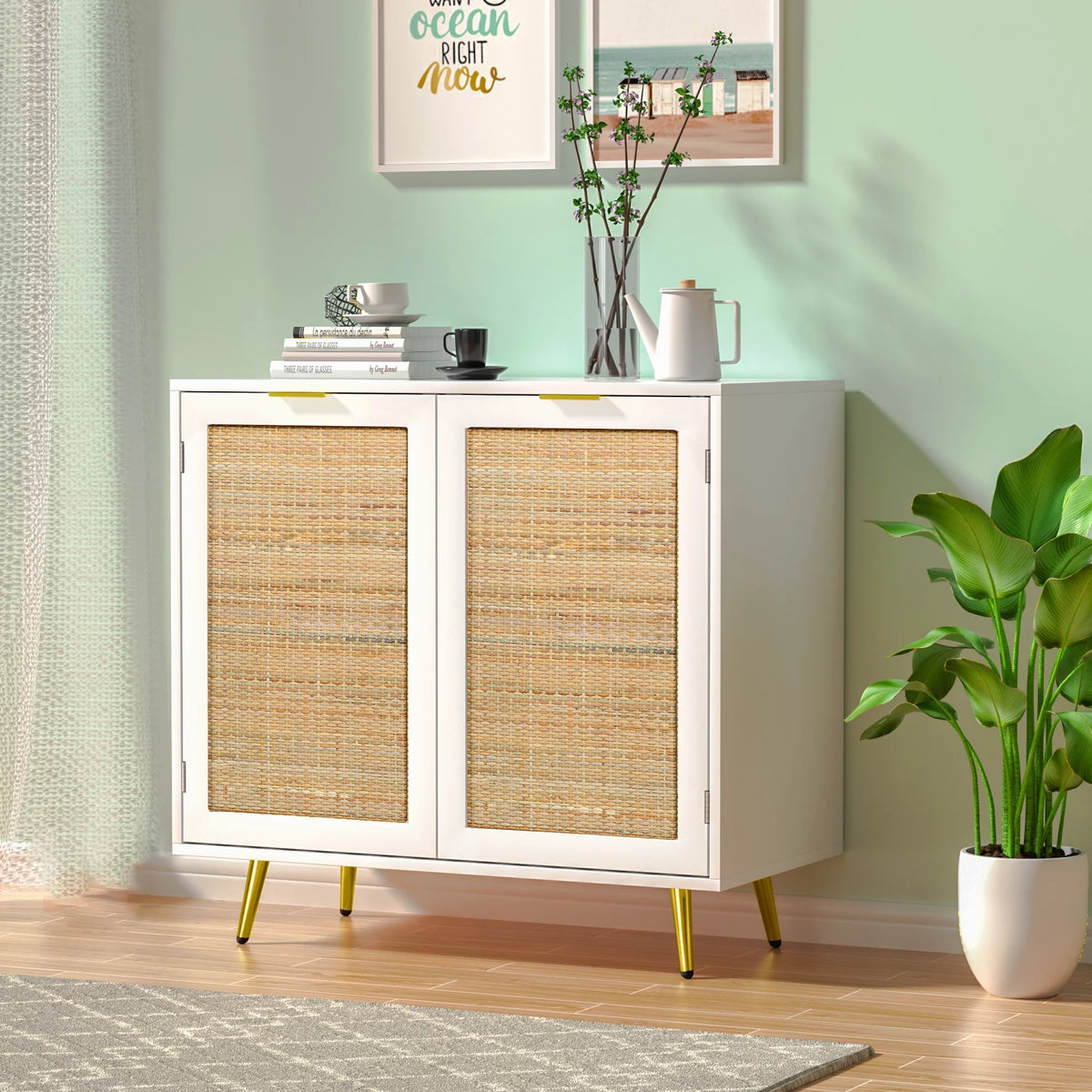 Black 2 Rattan Door Accent Cabinet S960066