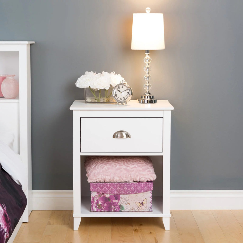 White 1 Drawer Tall Nightstand with Open Shelf O633774