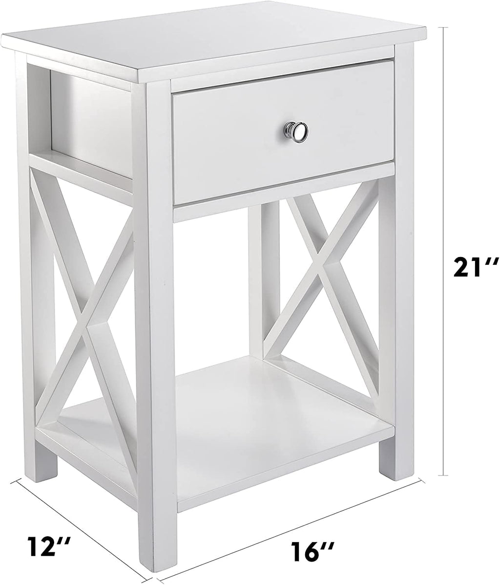 2 Pcs White Wooden Side End Table Night Stand with Bin Drawer P690