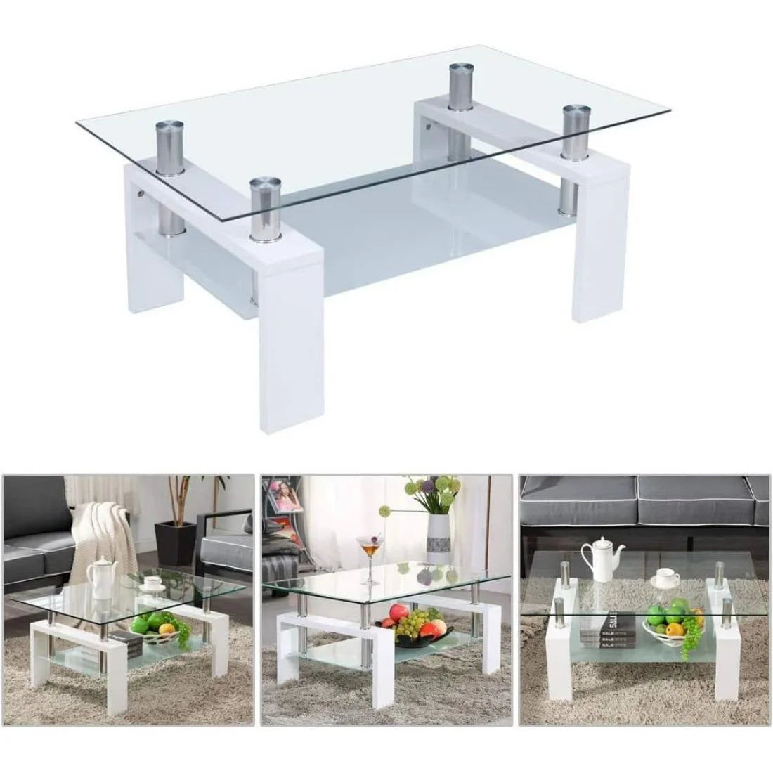 Glass Top White Coffee Table with Lower Shelf M975240