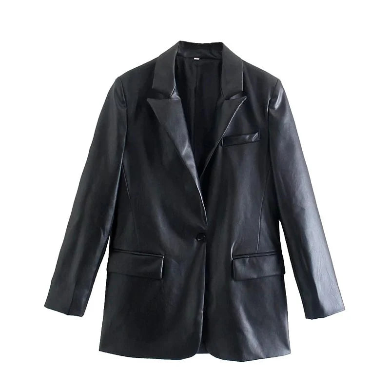 Recycled Vegan Leather One Button Blazer Jacket U44738