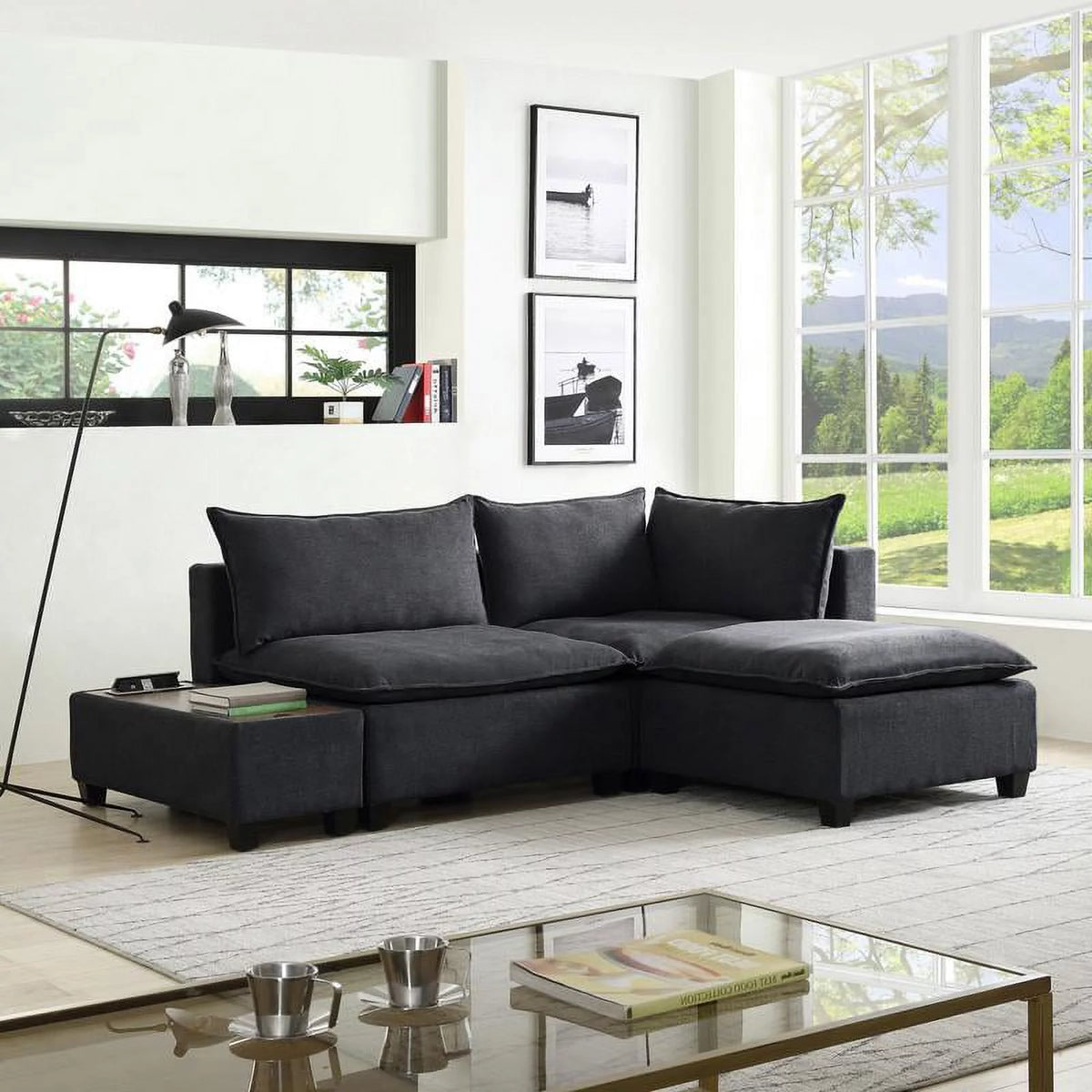 Dark Gray Woven Fabric Sectional Loveseat Sofa with Ottoman N896915