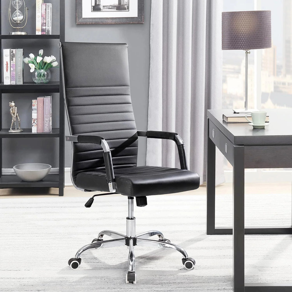 Black High Back Ribbed Leather Executive Office Chair E6028