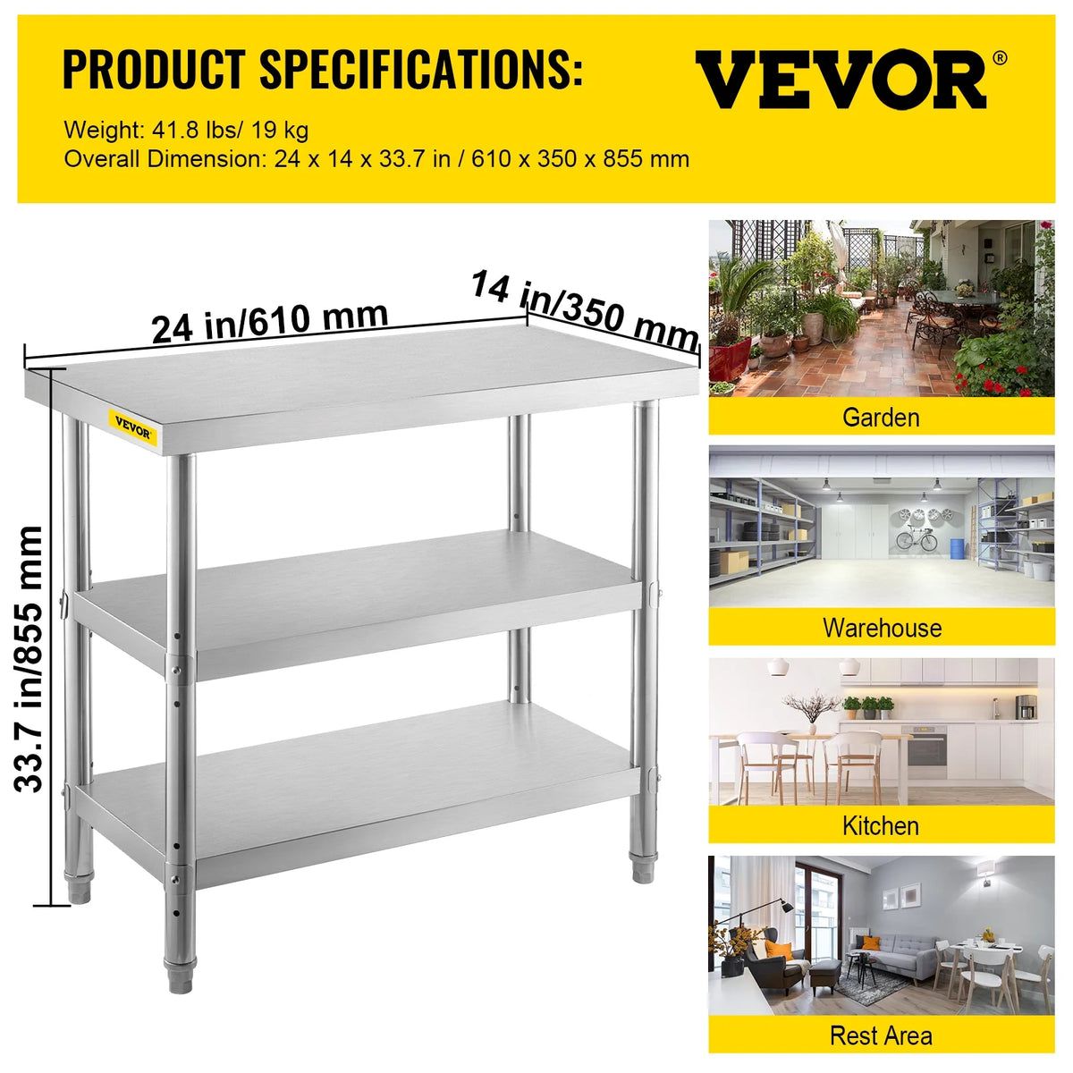 Stainless Steel Table with 2 Adjustable Undershelf U427