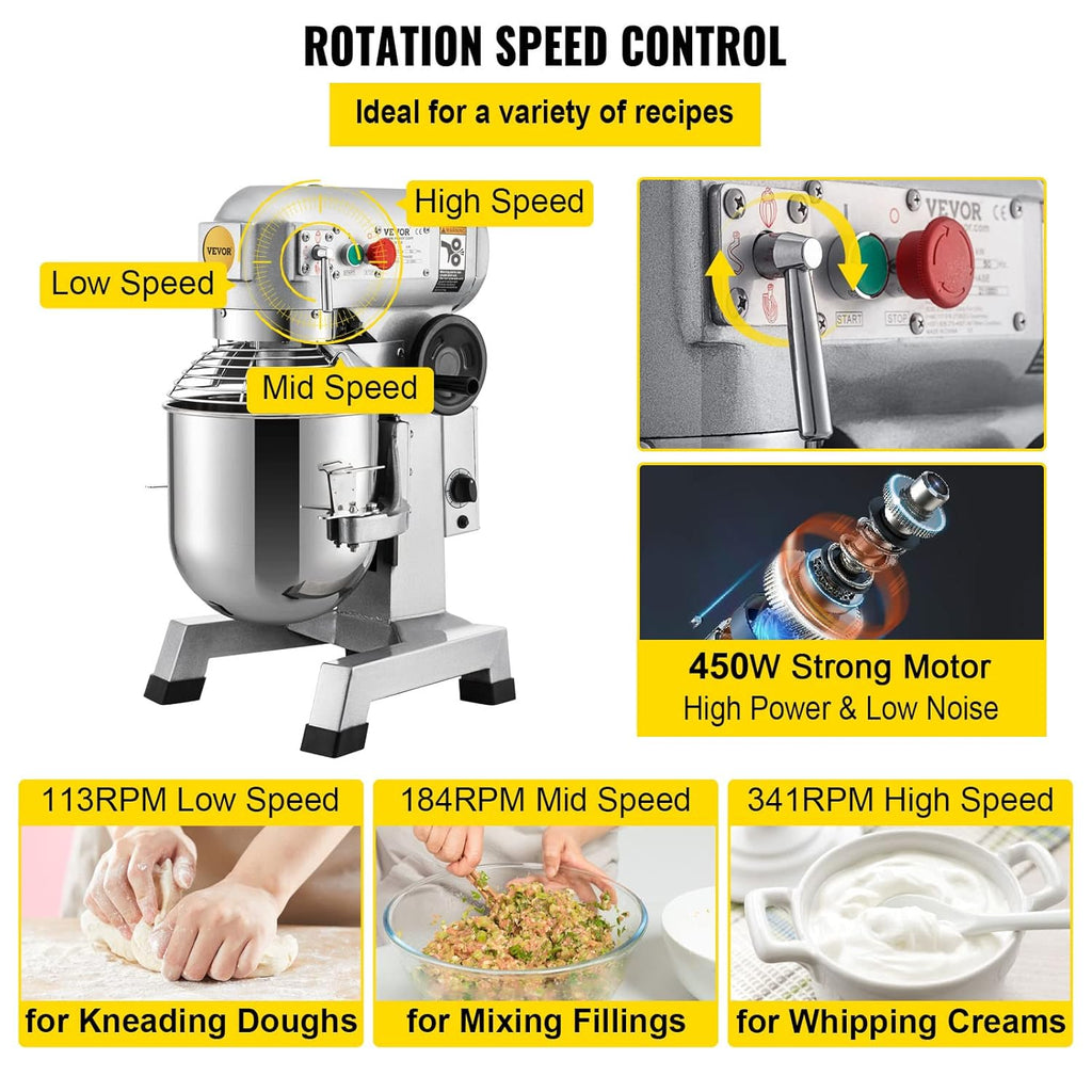 Commercial Food Mixer 10Qt Stainless Steel Bowl 450W 3 Speeds T198