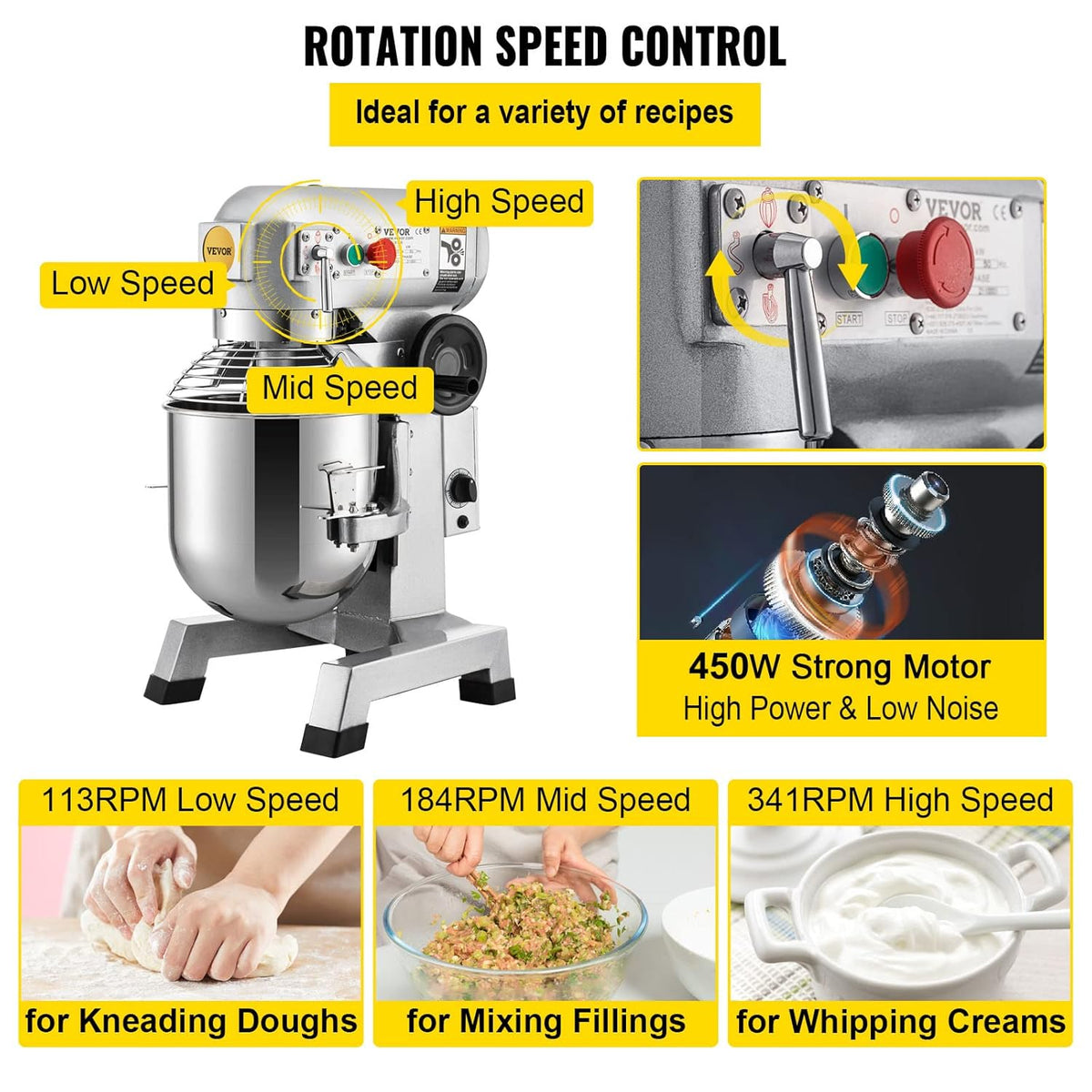 Commercial Food Mixer 10Qt Stainless Steel Bowl 450W 3 Speeds T198