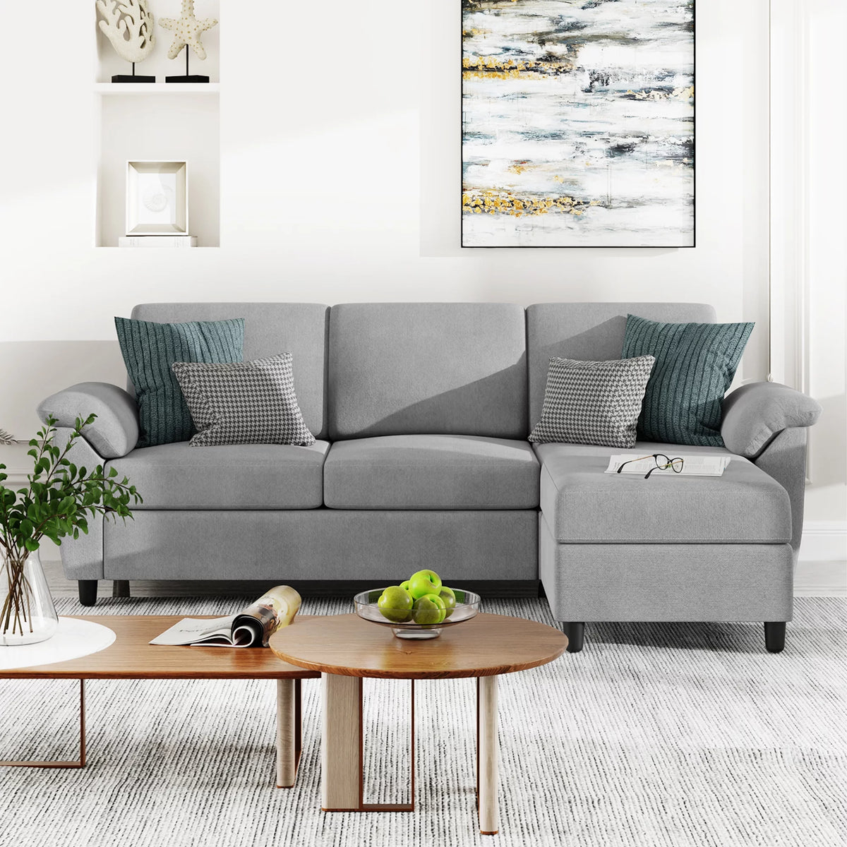 79 Convertible Sectional Sofa Linen Fabric L Shaped Sofa with Removable Pillows Dark Gray W81343