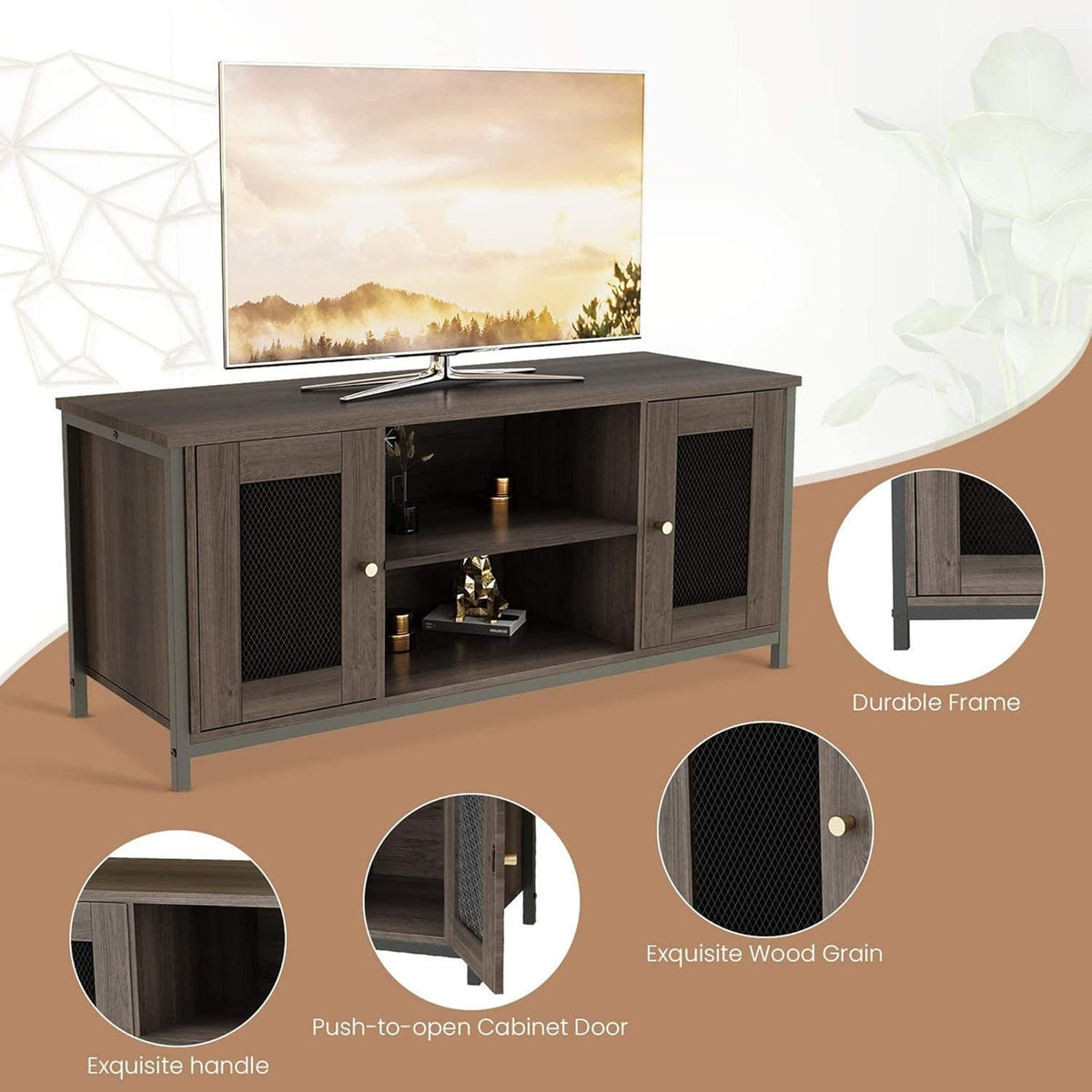 Entertainment Center Stand with Storage, Sturdy Metal Frame, Brown Walnut T9342