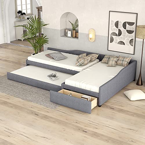 L Shaped Upholstered Double Size Daybed with Trundle and Storage Drawer, Gray R511210