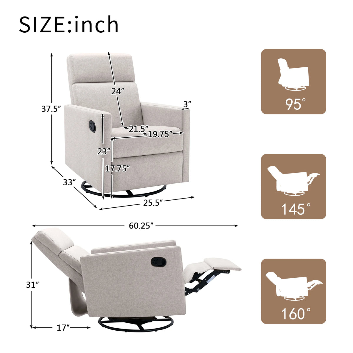 Tan Upholstered Fabric Swivel Rocker Recliner Chair K231455