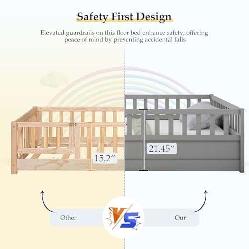 Full-White Wood Kids Floor Bed with Safety Guardrails V701