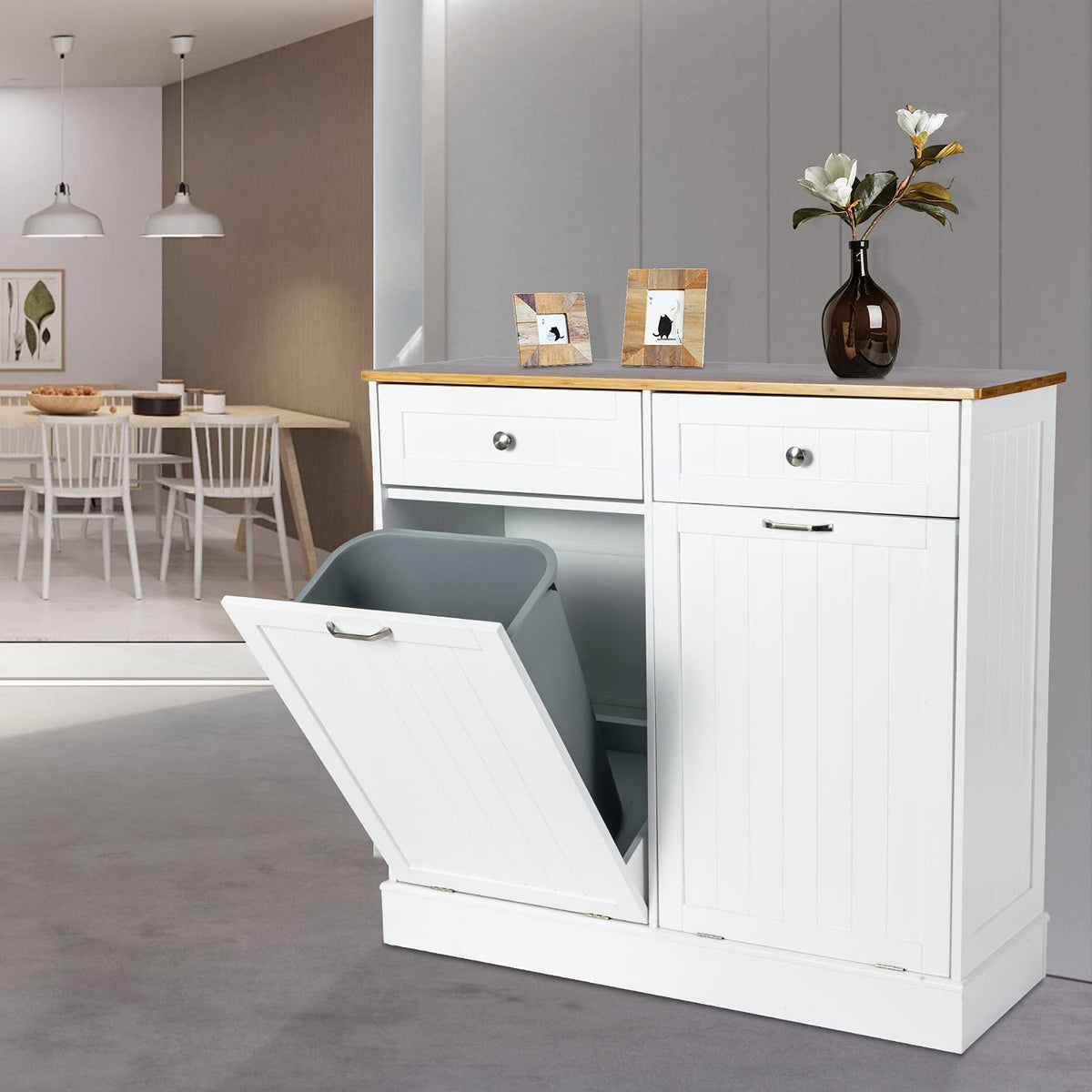 Double Tilt Out Trash Cabinet with Two Wood Drawers, Gray A730