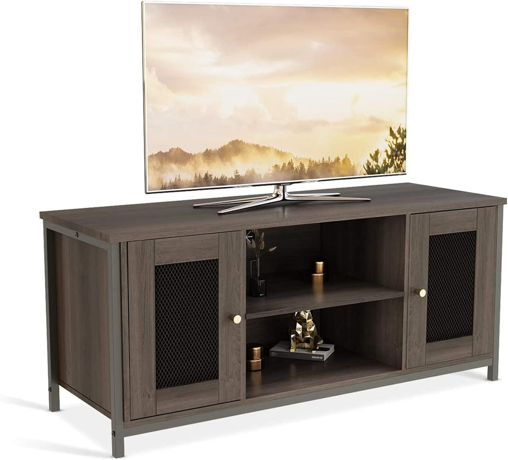 Entertainment Center Stand with Storage, Sturdy Metal Frame, Brown Walnut T9342