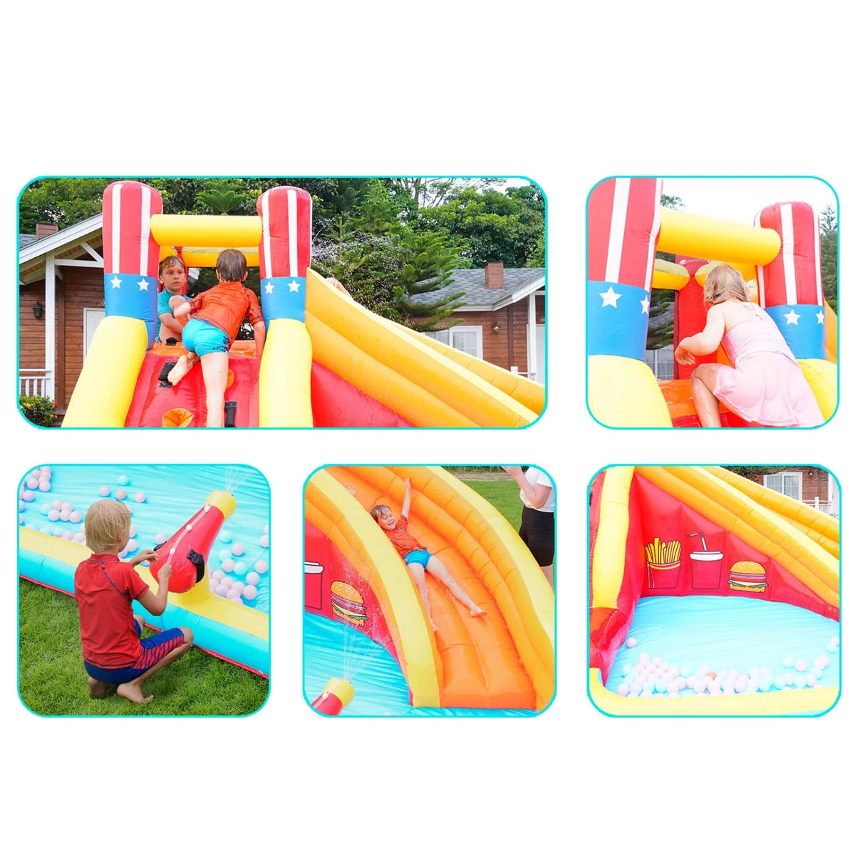 Inflatable Water Slide Splash Toy with Climbing Wall, Splash Pool, Water Cannon, Blower, Sprinkler, Stakes, Repair Patches, Storage Bag I4709