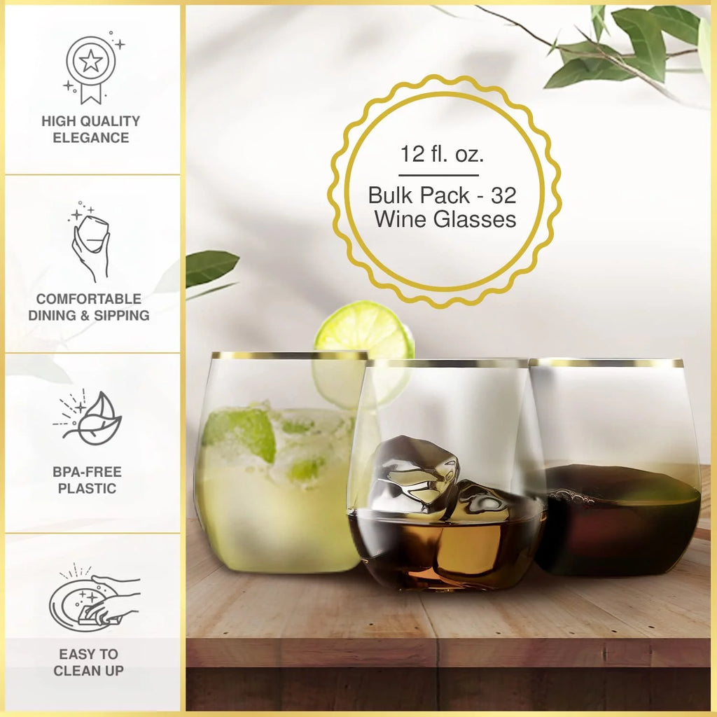 32 Pack Stemless Plastic Wine Glasses 12 oz Gold Rim C768