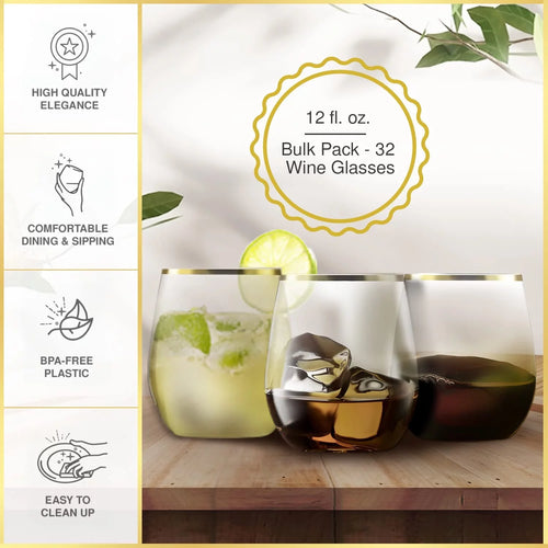 32 Pack Stemless Plastic Wine Glasses 12 oz Gold Rim C768