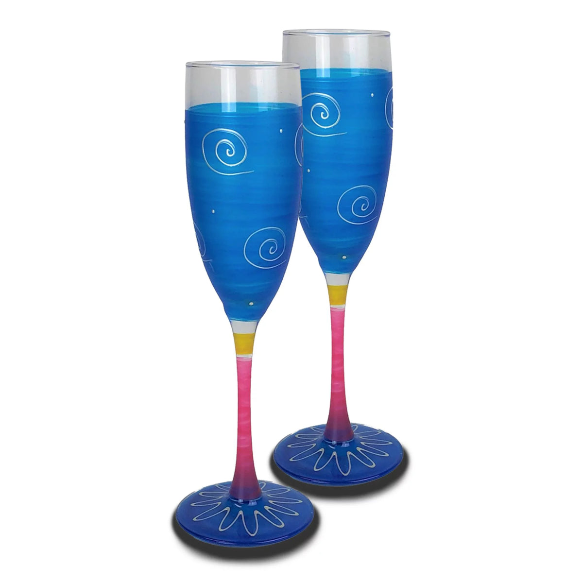 Set of 2 Turquoise and White Hand Painted Champagne Glasses 5.75 oz O235