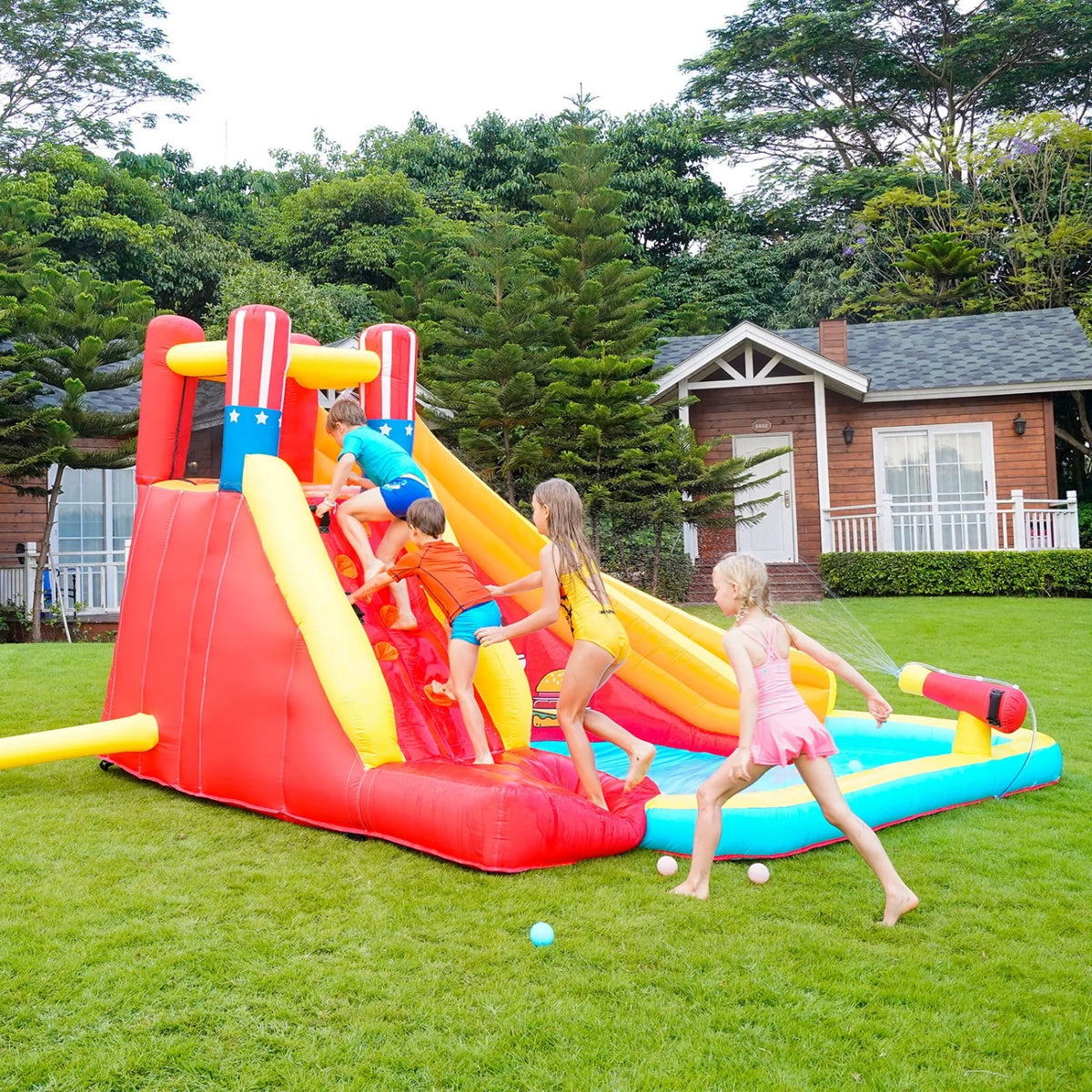 Inflatable Water Slide Splash Toy with Climbing Wall, Splash Pool, Water Cannon, Blower, Sprinkler, Stakes, Repair Patches, Storage Bag I4709