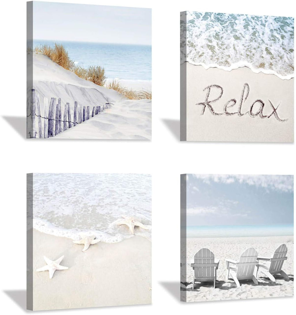 Beach Wall Art Starfish Chairs on Sand Canvas 12” x 12'' 4 Panels O4392