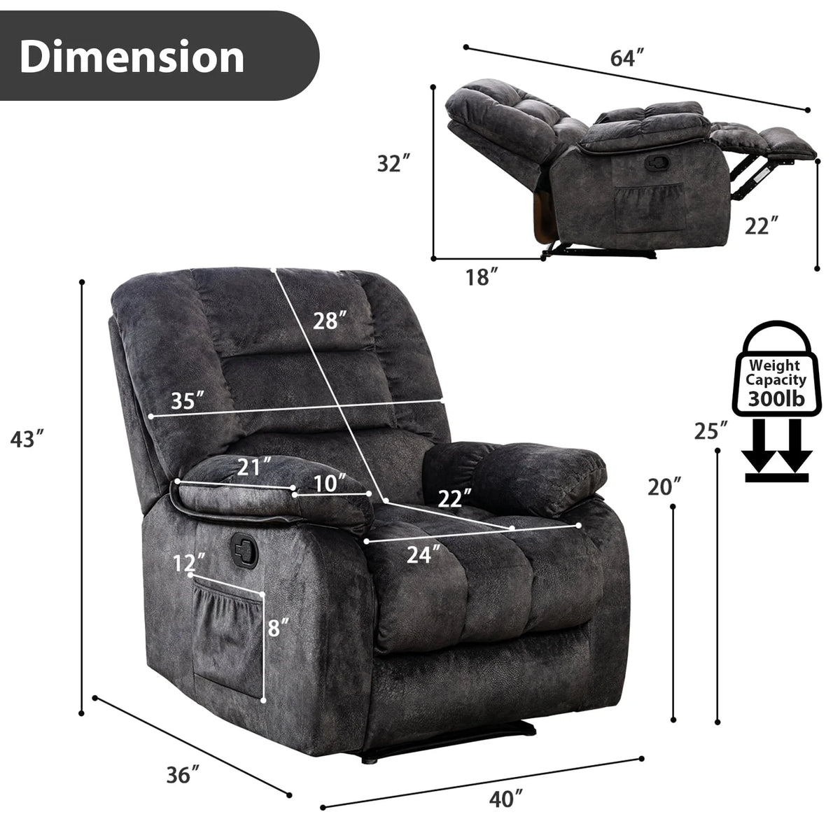 Gray Fabric Manual Recliner with Massage and Heat L74055